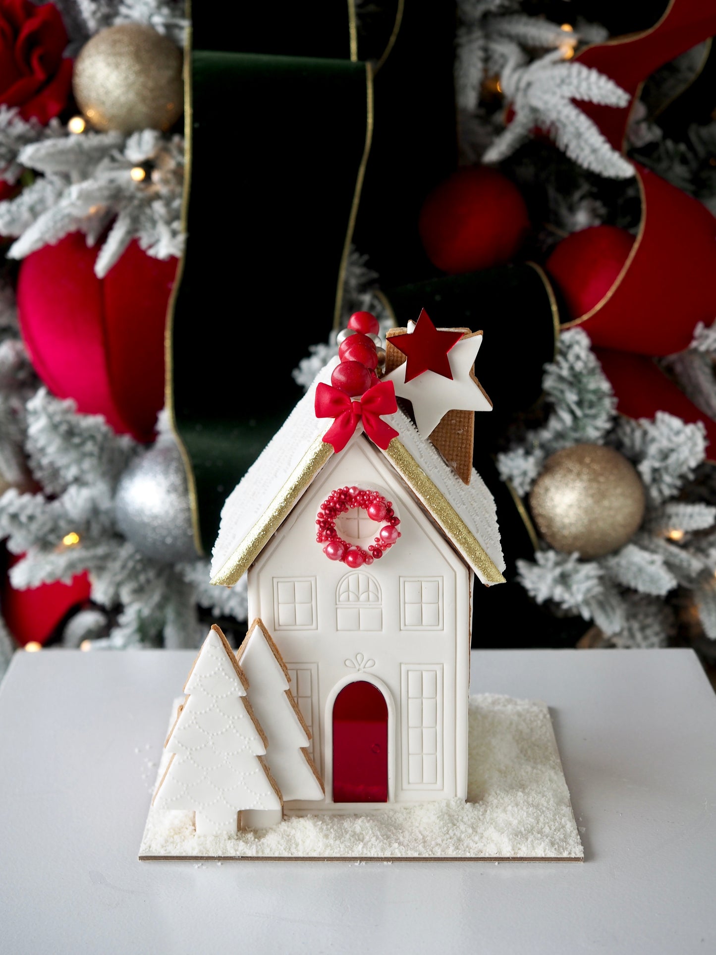 Christmas Gingerbread House Red, Gold, White and Silver