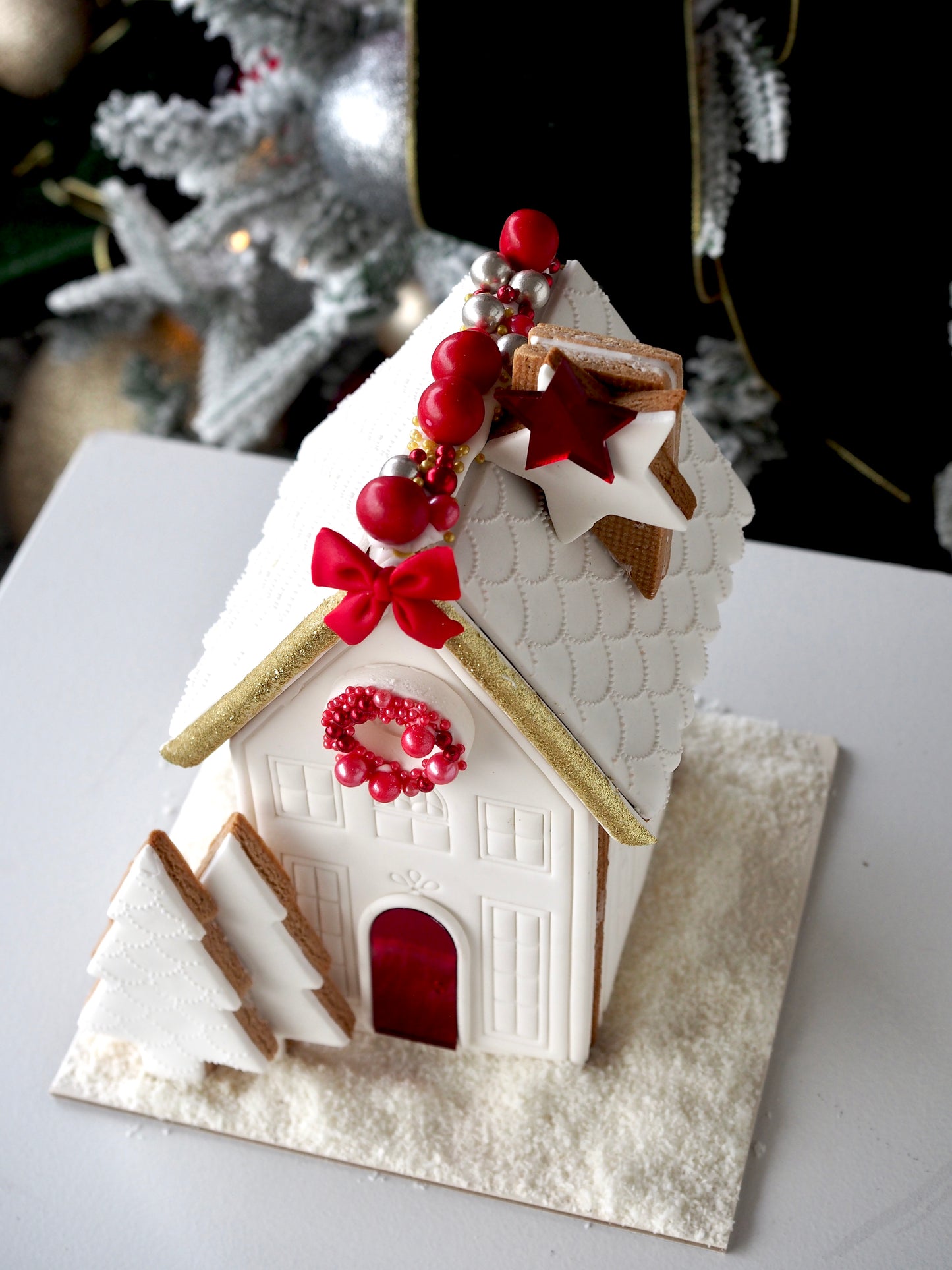 Christmas Gingerbread House Red, Gold, White and Silver